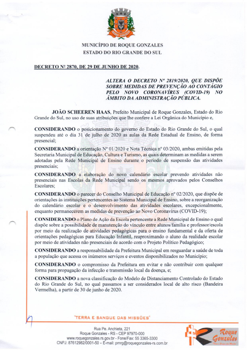 ADMINISTRAÇÃO MUNICIPAL PUBLICA ALTERAÇÃO NO DECRETO N° 2.819/2020